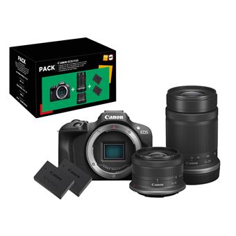 Pack Fnac Appareil photo hybride Canon EOS R100 Noir + RF-S 18-45mm f/4.5-6.3 IS STM + RF-S 55-210mm f/5-7.1 IS STM + 2eme batterie + chargeur