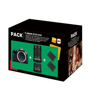 Pack Fnac Appareil photo hybride Canon EOS R100 Noir + RF-S 18-45mm f/4.5-6.3 IS STM + RF-S 55-210mm f/5-7.1 IS STM + 2eme batterie + chargeur