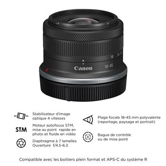 Pack Fnac Appareil photo hybride Canon EOS R100 Noir + RF-S 18-45mm f/4.5-6.3 IS STM + RF-S 55-210mm f/5-7.1 IS STM + 2eme batterie + chargeur