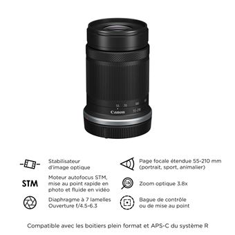 Pack Fnac Appareil photo hybride Canon EOS R100 Noir + RF-S 18-45mm f/4.5-6.3 IS STM + RF-S 55-210mm f/5-7.1 IS STM + 2eme batterie + chargeur