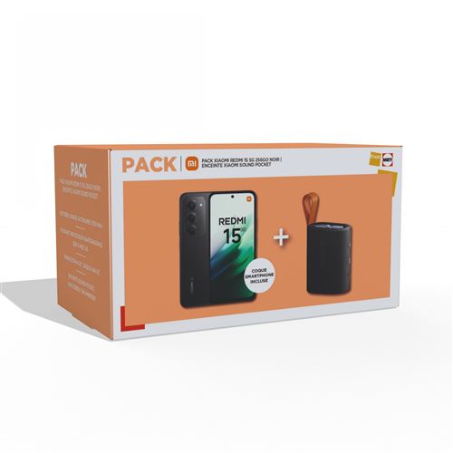 Pack Smartphone Xiaomi Redmi 15 6,9"" 5G Double nano SIM 256 Go Noir + Enceinte portable Bluetooth Xiaomi Sound Pocket 5W Noir