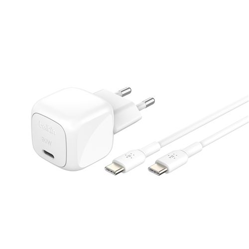 Chargeur secteur USB-C Belkin Power Delivery 30W Blanc + 2 câbles USB-C Blanc pour smartphone et tablettes