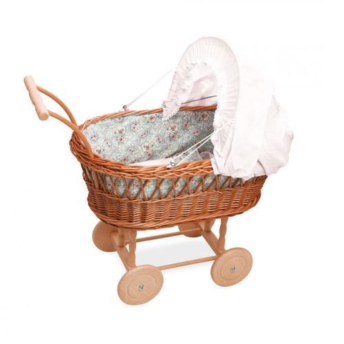 Landau en osier - Garnissage petites fleurs bleues et roses Petitcollin