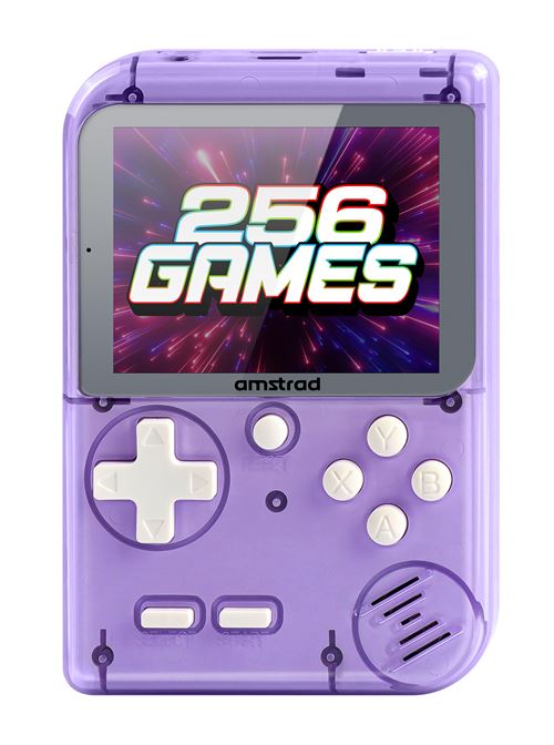 Console de jeu portable Amstrad Transparent Mauve avec 256 jeux et batterie rechargeable