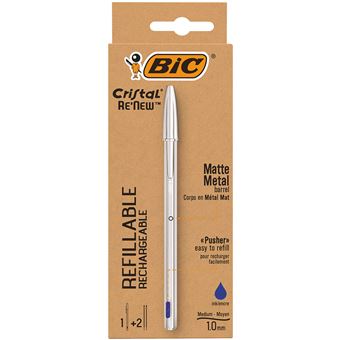 Stylo à bille rechargeable Bic Cristal Re’new à encre bleue et 2 cartouches