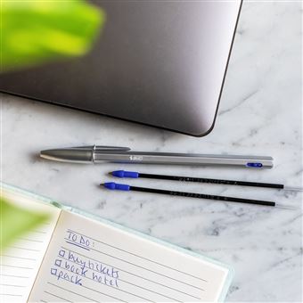 2 Stylos BIC Cristal Re'New Métal + 4 Recharges - Rechargeables, Encre Bleue Et Noire - École/Bureau