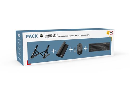 Pack Confort Clavier sans fil Azerty Port Designs Noir + Souris sans fil + tapis XL + support pliable