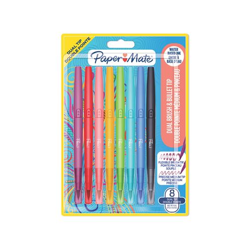 Paper Mate Feutre d''ecriture Flair Dual, deux pointes pour deux fois plus de creativite, Pointe pinceau flexible et pointe moyenne [0,7 mm], encres assorties : - Blister de 8