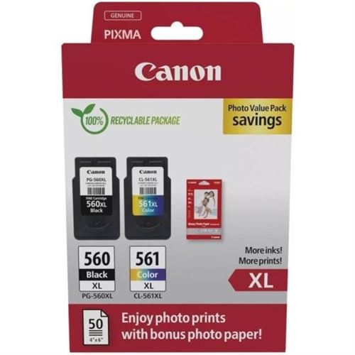 Pack de 2 cartouches Canon PG560XL et CL561XL Noir et couleur + 50 feuilles papier photo 10 x 15 cm