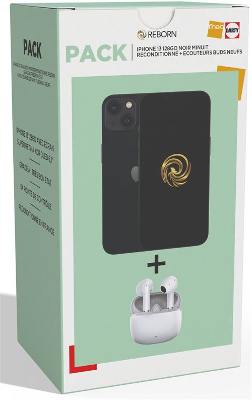 Pack Apple iPhone 13 6,1 5G Nano SIM 128 Go Noir Reconditionné Grade A Reborn + Ecouteurs sans fil blancs Neufs