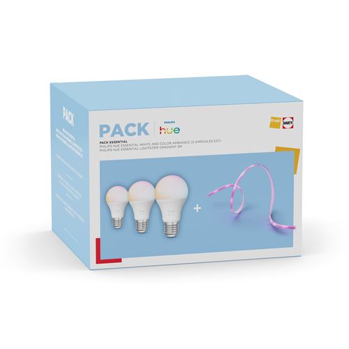 Pack de 3 Ampoules Connectées Philips Hue Essential E27 – 60 W, Blanc et Couleur, + Lightstrip Gradient 5 m