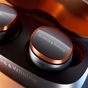 Ecouteurs intra-auriculaires sans fil Bowers & Wilkins Pi8 Edition McLaren Bluetooth avec réduction active du bruit Gris métallisé et Orange Papaye