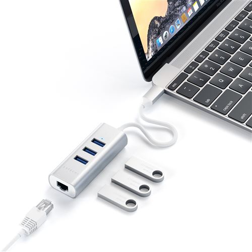 Adaptateur Satechi USB-C avec port Ethernet RJ45 + 3 ports USB - Argent