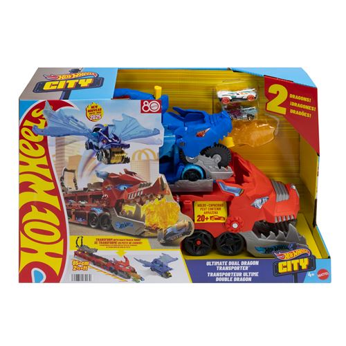 Hot Wheels City Ultimate Dual Dragon Transporter & 2 1:64 Scale Toy Cars