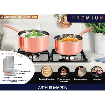 Set de 2 casseroles 16-20 cm manche fixe - 3 couches : Acier Inoxydable-Aluminium - Cuivre - Poignees rivetees - Tous feux dont induction