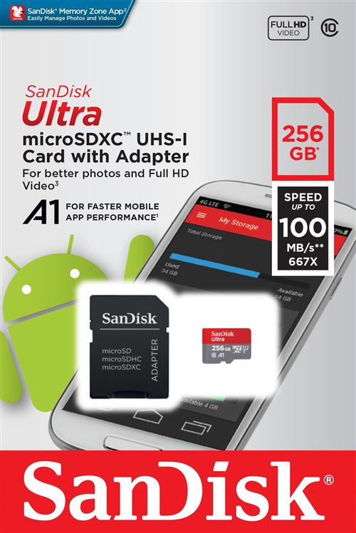 SanDisk Ultra - Carte mémoire flash (adaptateur microSDXC vers SD inclus(e)) - 256 Go - A1 / UHS Class 1 / Class10 - microSDXC UHS-I