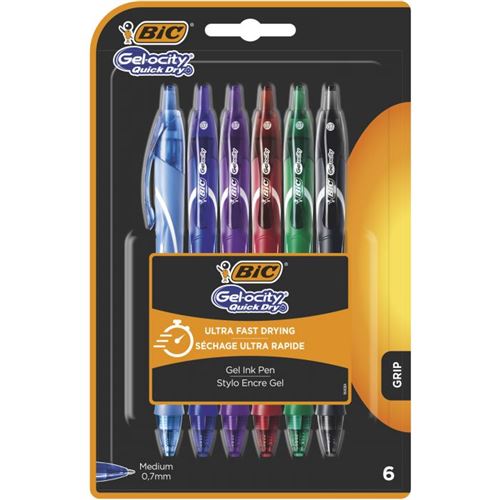 Blister de 6 Stylos-Gel Rétractables BIC Gel-ocity Quick Dry Couleurs Assorties