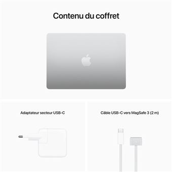 Apple MacBook Air 13'' 512 Go SSD 8 Go RAM Puce M2 CPU 8 cœurs GPU 10 cœurs Argent Nouveau