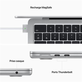 Apple MacBook Air 13'' 512 Go SSD 8 Go RAM Puce M2 CPU 8 cœurs GPU 10 cœurs Argent Nouveau