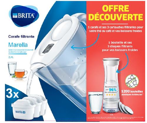 Carafe Brita Marella 3 mois Blanche + Bouteille Filtrante Blanc Graphite 3 mois