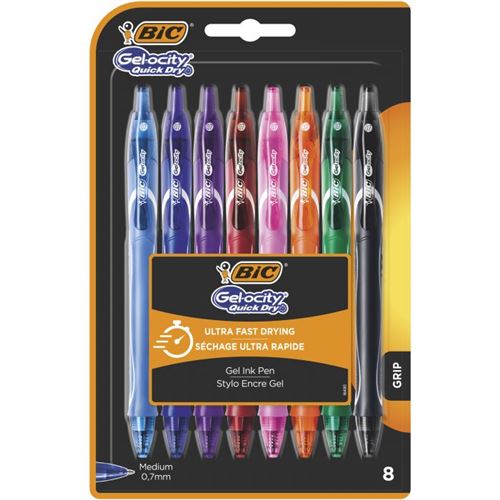 Blister de 8 Stylos-Gel Rétractables BIC Gel-ocity Quick Dry Couleurs Assorties