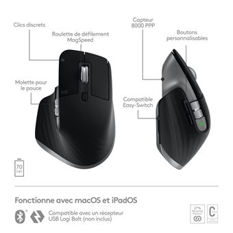 Logitech Master Series MX Master 3S for Mac - Souris - ergonomique - optique - 7 boutons - sans fil - Bluetooth, 2.4 GHz - gris sidéral - pour Apple MacBook