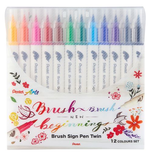 PENTEL - Pochette de 12 Feutres pinceau bi-pointe