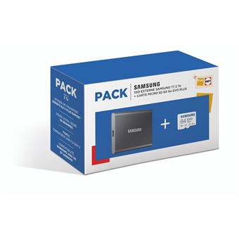 Pack SSD Externe Samsung T7 2 To Gris + Carte microSD Evo Plus 64 Go - 1