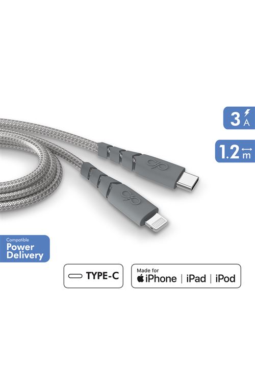 Câble Ultra-renforcé USB C/Lightning Force Power pour Apple iPhone 1.2 m Gris