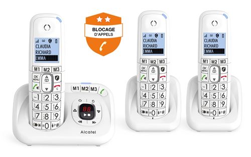 Alcatel F530 Voice Trio, téléphone sans fil avec répondeur et 3 combinés,  blocage d'appels et fonction mains libres Blanc/Gris : : High-Tech