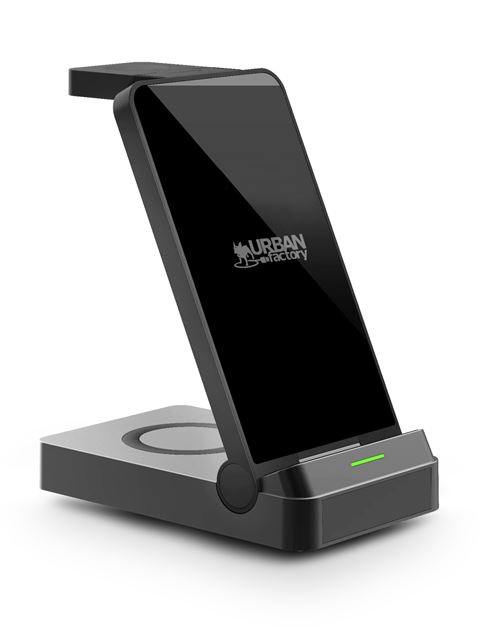 Chargeur 3 en 1 Urban Factory Powee Pro avec fonction stand pour Smartphone Smartwatch et Ecouteurs 22,5 W Noir