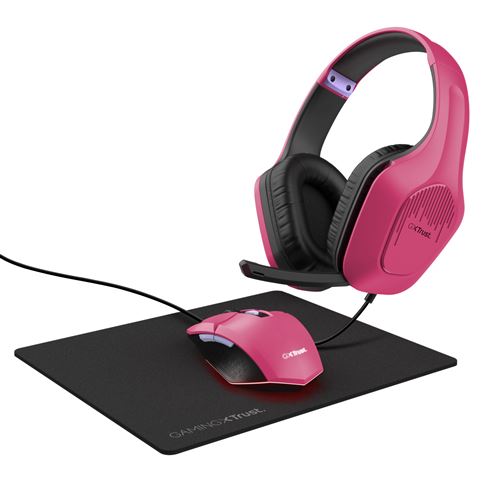 Kit De Gaming 3-En-1 Trust Gxt 790 Tridox Casque-Micro + Souris Éclairée + Tapis De Souris Rose