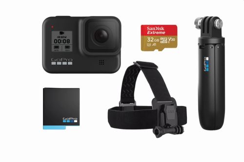 Bundle Vacances GoPro Hero 8 Noir + Fixation trépied + Carte SD 32Go + Serre-tête