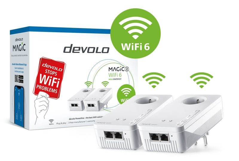 CPL 2.0 devolo Magic 2 WiFi 6 : Kit CPL Multiroom 2400 Mbps, Point d'accès WiFi Mesh, 5 Ports Ethernet Gigabit Prises françaises