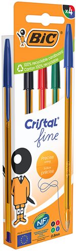 Pochette 4 stylos BIC Cristal Fine Couleurs Assorties