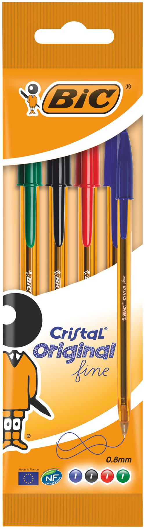 Pochette 4 stylos BIC Cristal Fine Couleurs Assorties