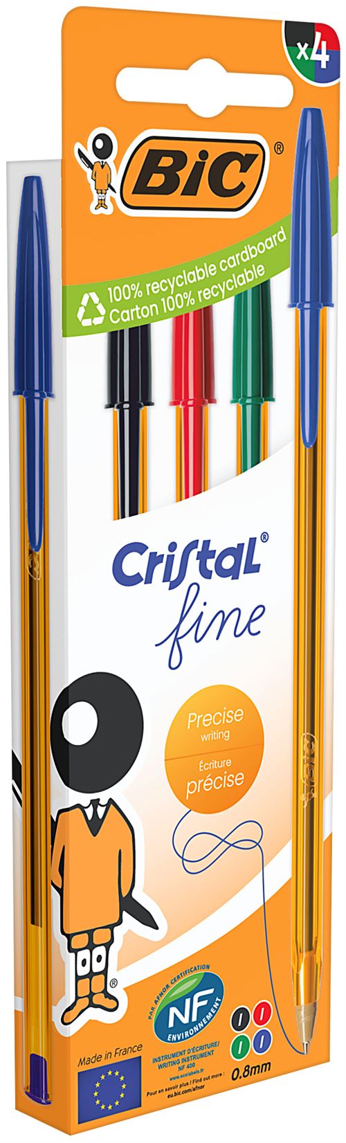 Pochette 4 Stylos Bic Cristal Fine Couleurs Assorties