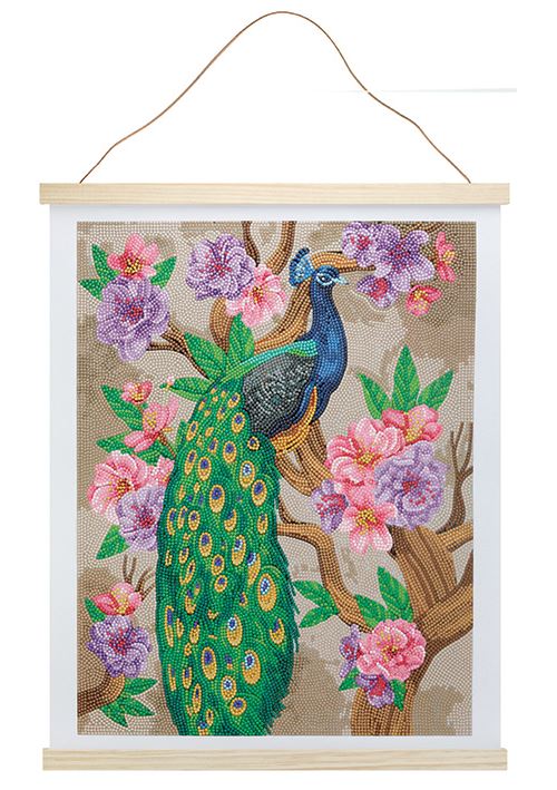 Kit poster Paon 2D en bois a diamanter : strass scintillants, 1 stylet, cire