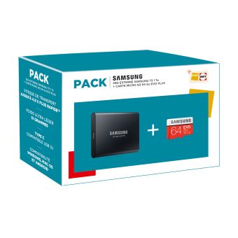 Pack Fnac Disque SSD Externe Samsung T5 1 To + Carte Micro SD 64 Go Evo Plus - 1