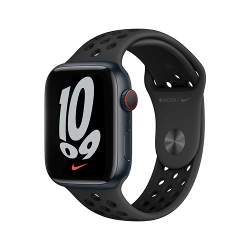 Apple Watch Nike Series 7 GPS + Cellular, boîtier Aluminium Minuit 45mm avec Bracelet Nike Sport Anthracite Noir