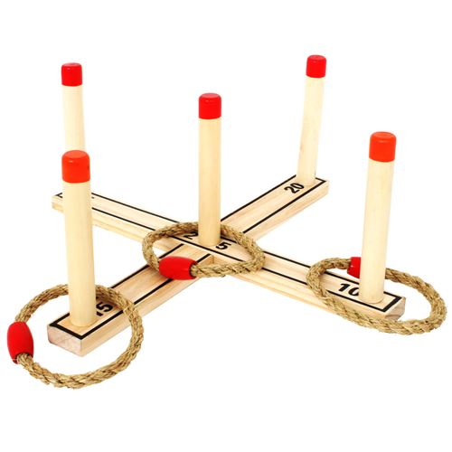 JEU EN BOIS 5 ANNEAUX EN CORDE ET SUPPORT BOIS  - APD 6 ANS - BOITE 36.5X4X9 CM