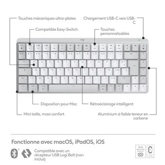 Logitech Master Series MX Mechanical Mini for Mac - Clavier - rétroéclairé - sans fil - Bluetooth LE - AZERTY - Français - commutateur : Tactile Silencieux - gris pâle