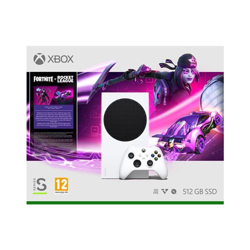 Pack Console Microsoft Xbox Series S Blanc + Pack Conduite nocturne 1000 V-bucks Fortnite + 1000 crédits Rocket League