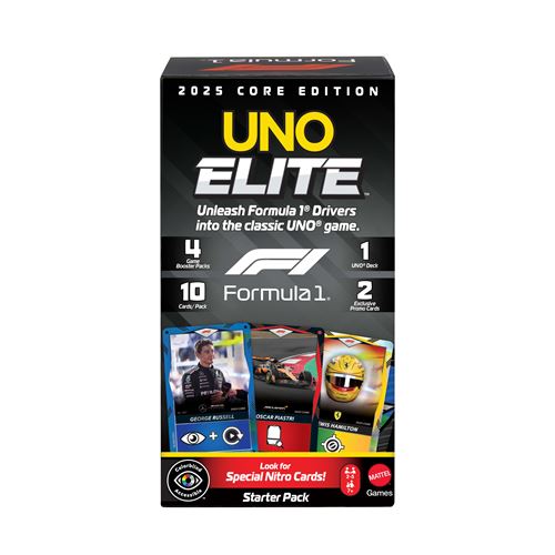 Mattel Games UNO Elite Formel 1 2025 Core Edition Kartenspiel-Starterset mit 4 Erweiterungssets und 2 Promo-Karten