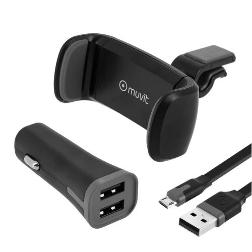 Support Smartphone Voiture + Chargeur Allume-Cigare 2A 2 USB + Câble micro-USB