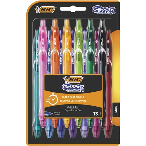 Blister de 13 Stylos-Gel Rétractables BIC Gel-ocity Quick Dry Couleurs Assorties