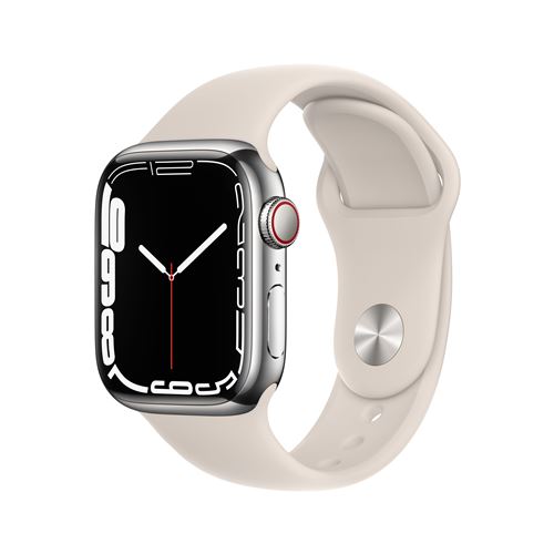 Apple Watch Series 7 GPS + Cellular, boîtier Acier Inoxydable Argent 41mm avec Bracelet Sport Lumière Stellaire