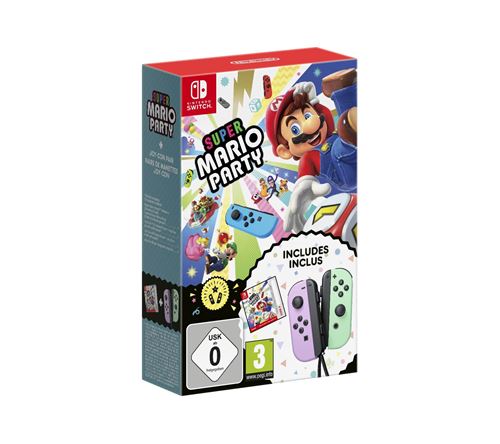Pochette avant du jeu Pack Super Mario Party + paire de manettes Joy-Con gauche violet pastel et droite vert pastel pour Nintendo Switch