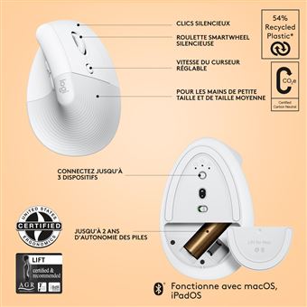 Logitech Lift for Mac - Souris verticale - ergonomique - optique - 6 boutons - sans fil - Bluetooth - récepteur USB Logitech Logi Bolt - blanc cassé - pour Apple MacBook