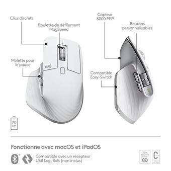 Logitech Master Series MX Master 3S for Mac - Souris - ergonomique - optique - 7 boutons - sans fil - Bluetooth, 2.4 GHz - gris pâle - pour Apple MacBook